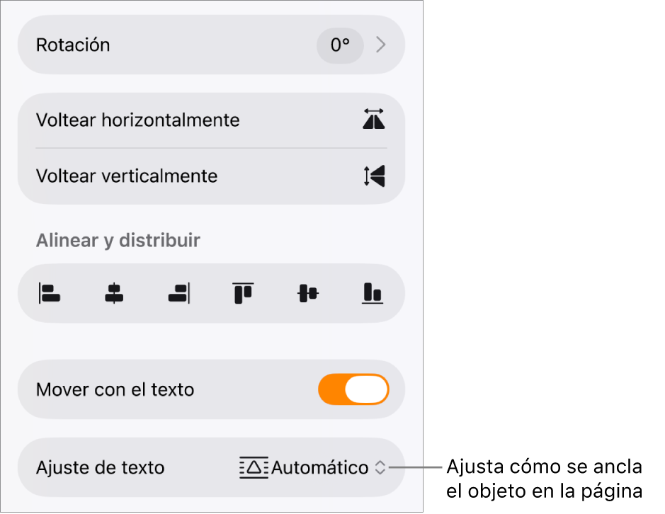 Controles de formato con la pestaña Orden seleccionada y los controles Mover al fondo/al frente, Mover con texto, y Ajuste de texto.