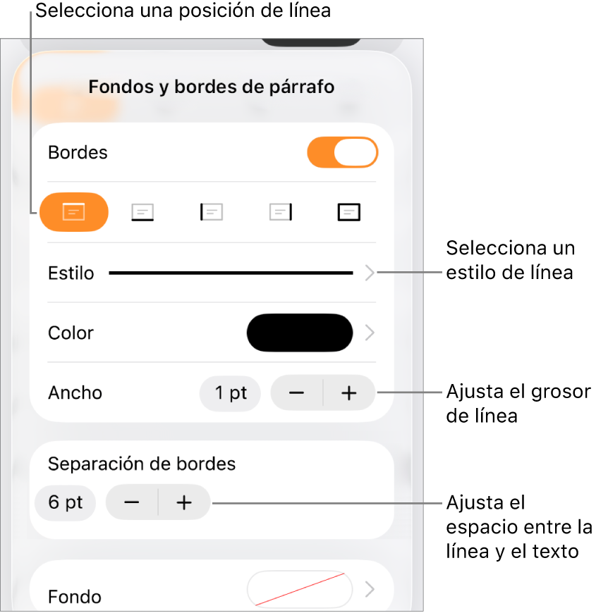 Controles para cambiar el estilo de línea, grosor, posición y color.