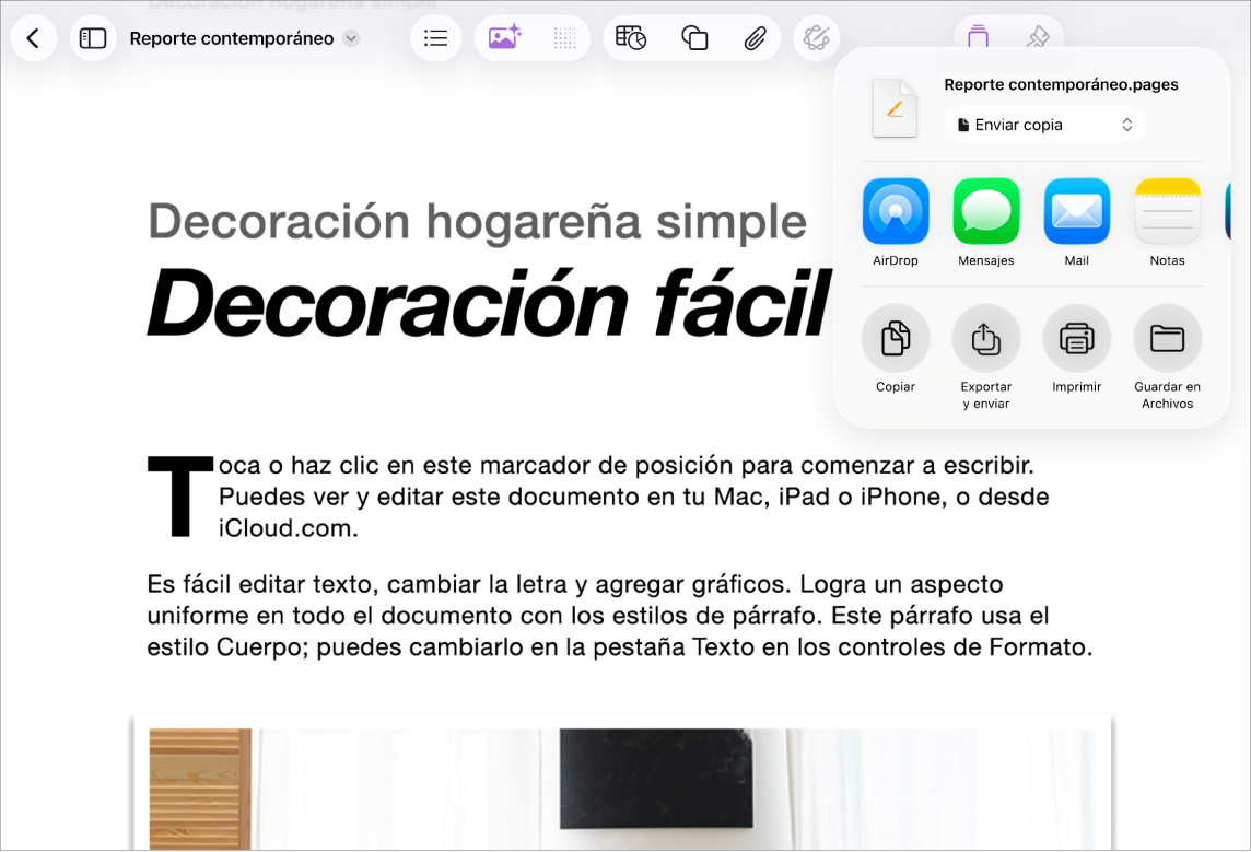 En un documento de trabajo, con las opciones para Compartir o Exportar abiertas.