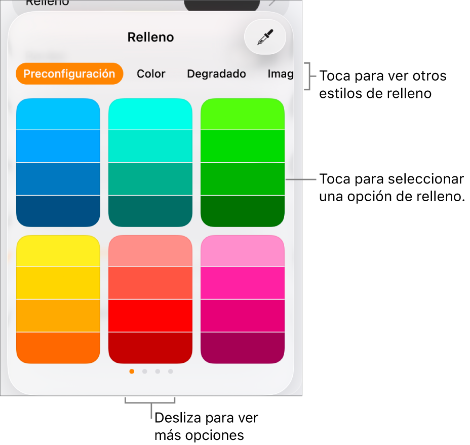 Opciones de relleno en la pestaña Estilo del botón Formato.