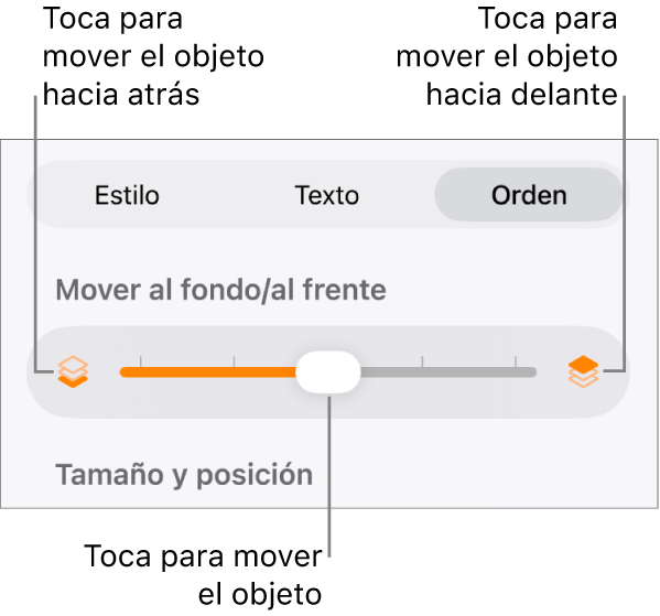 Botón Mover hacia atrás, botón Mover hacia delante y regulador de capa.