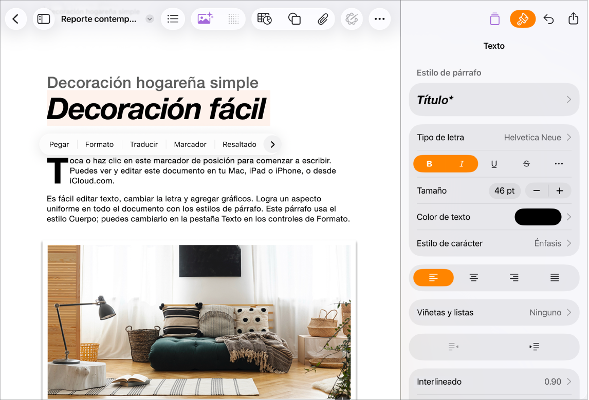Documento de Pages abierto con texto seleccionado y las opciones de formato de texto abiertas.