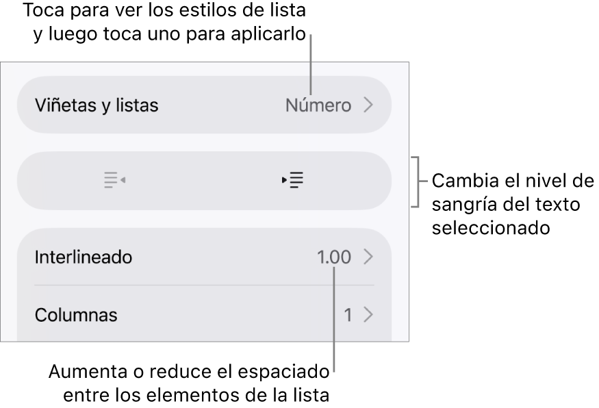 La sección Viñetas y listas de los controles de formato con texto que señala la sección Viñetas y listas, los botones de las sangría derecha o izquierda y controles de interlineado.