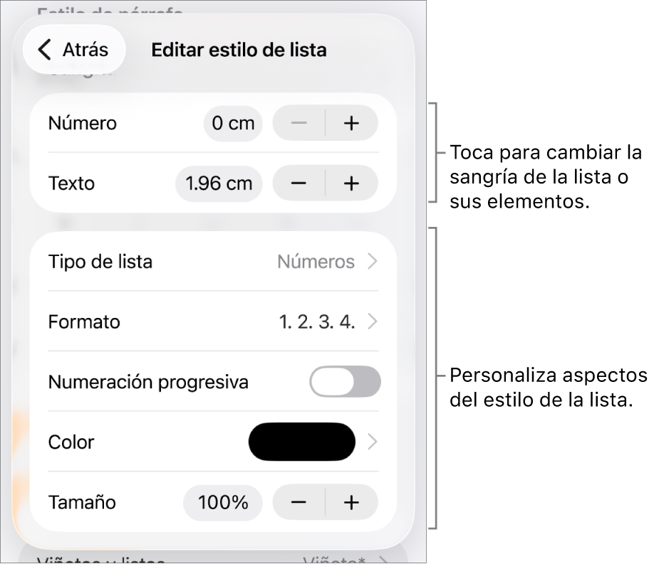 El menú Editar estilo de lista con controles para el espaciado de la sangría, el tipo y el formato de la lista, los números escalonados, el color y el tamaño de la lista y la numeración continua.