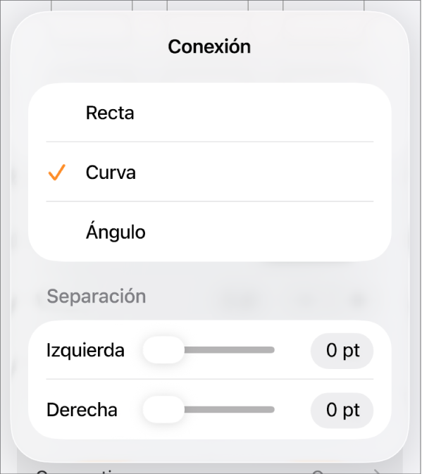 Los controles de Conexión con la opción Curva seleccionada.