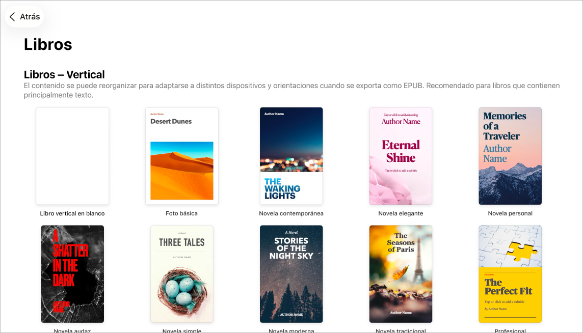 El selector de plantillas con plantillas de libros con orientación vertical en la parte superior, y horizontal en la parte inferior.