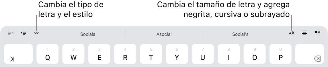 Los botones de formato de texto arriba del teclado, de izquierda a derecha: sangría, tipo de letra, tres campos de texto predictivo, tamaño de letra, alineación e inserción.