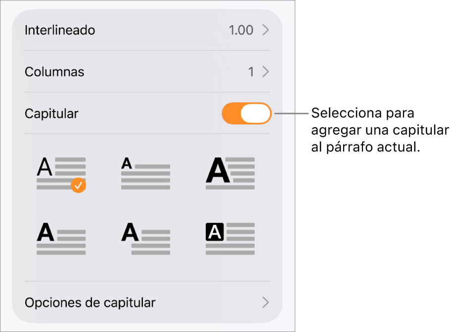 Los controles de letra capitular en el menú Texto.