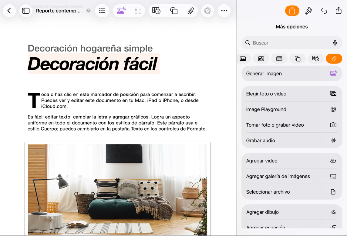 Documento de Pages abierto mostrando el menú Insertar y con el menú de medios abierto.