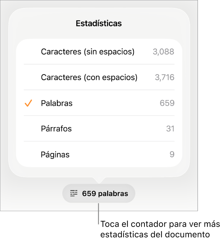 El contador de palabras con un menú con opciones para mostrar el número de caracteres con y sin espacios, el conteo de palabras, el conteo de párrafos y el conteo de páginas.