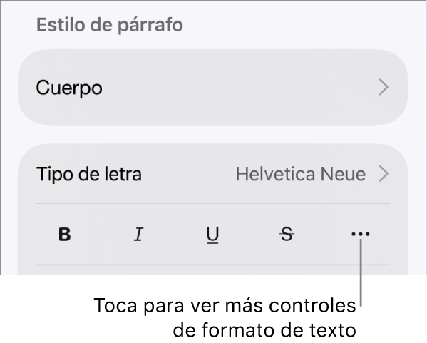 La pestaña Texto de los controles de formato, con un mensaje en el botón Más opciones de texto.