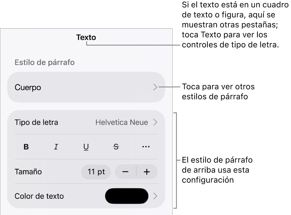El menú Formato mostrando los controles de texto para configurar los estilos de párrafo y carácter, tipo de letra, tamaño y color.