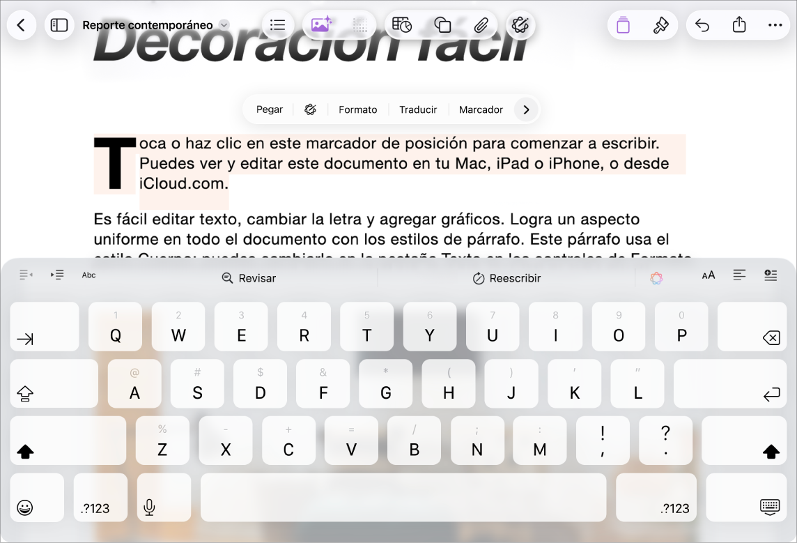 Documento de Pages abierto con un texto de marcador de posición seleccionado.