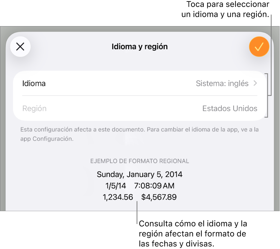 El panel Idioma y región con controles para el idioma y la región, y un ejemplo de formato que incluye una fecha, una hora, y formatos decimales y de moneda.