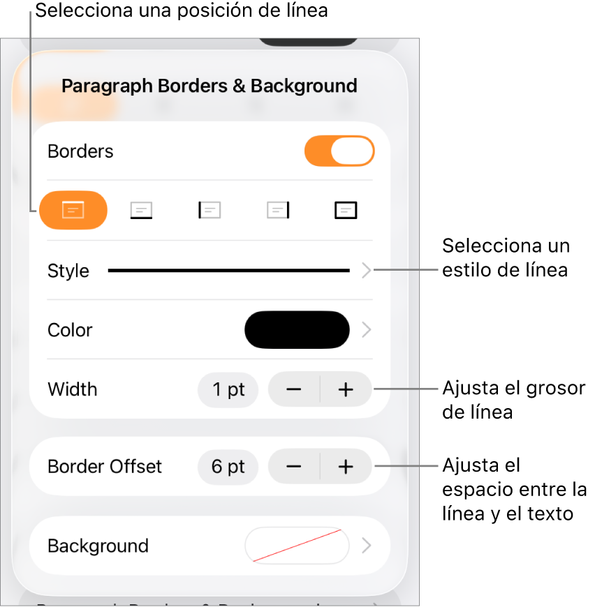 Controles para cambiar el estilo de línea, grosor, posición y color.