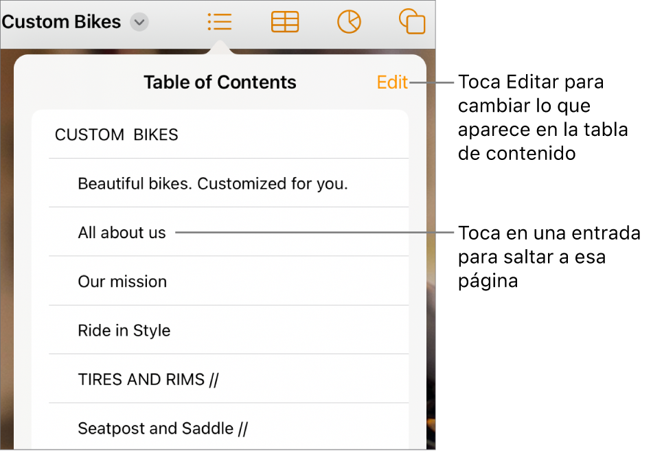 La visualización de la tabla de contenido con entradas en una lista. El botón Editar se encuentra en la esquina superior derecha de la vista.