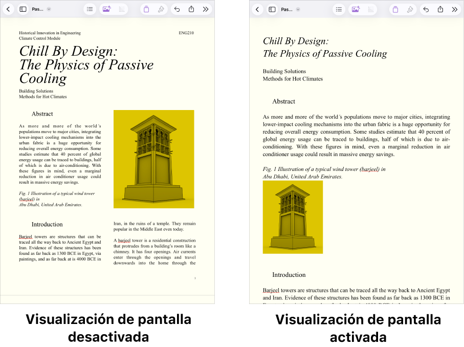 Dos vistas del mismo documento de Pages, con la visualización de pantalla activada y desactivada. En la versión con la visualización de pantalla activada, el tamaño del texto se ajusta a la pantalla y los saltos de página y las cabeceras están ocultos.