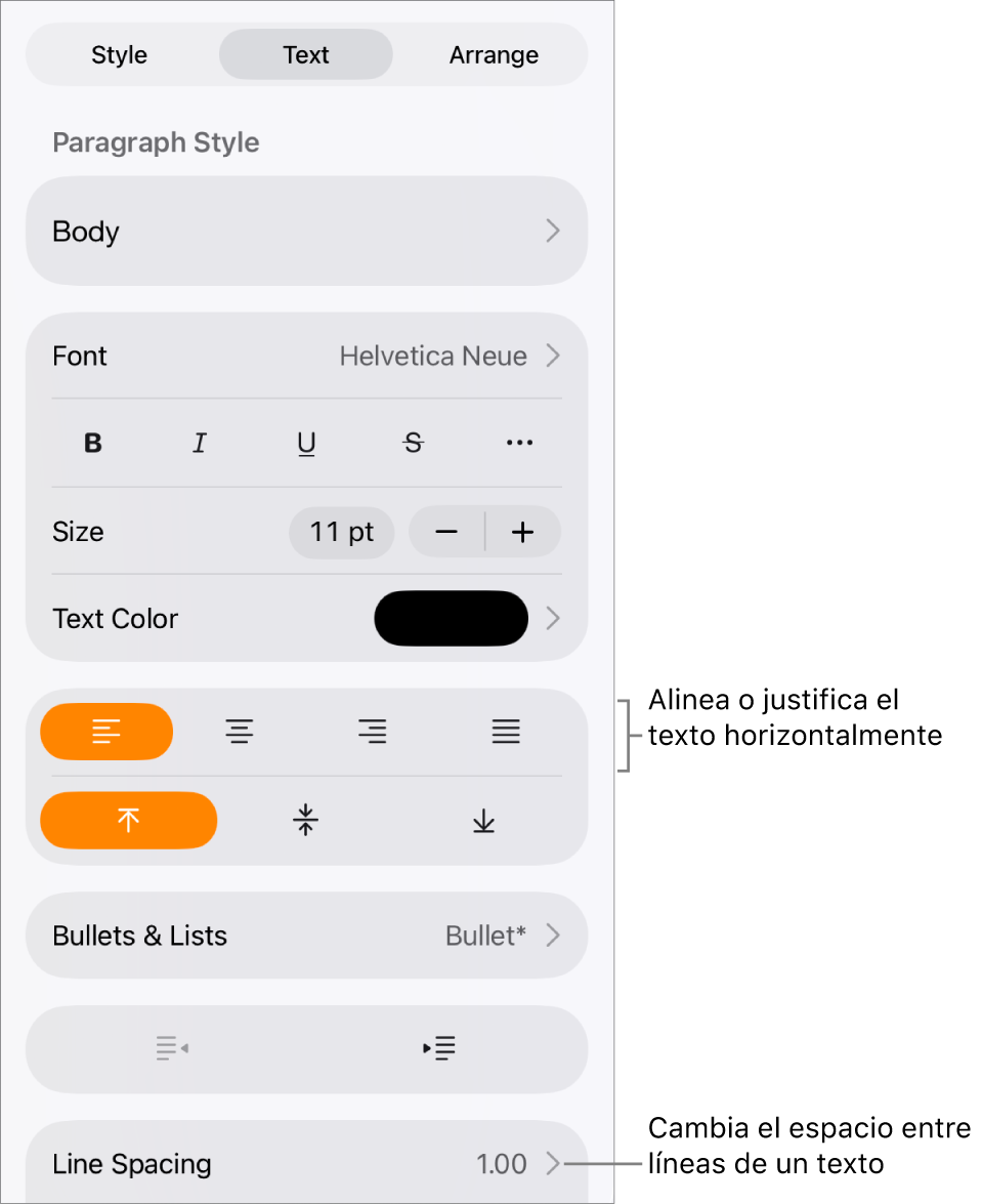 El botón “Controles de formato” con la pestaña Texto seleccionada y llamadas a los botones de alineación del texto y al ítem de menú Interlineado.