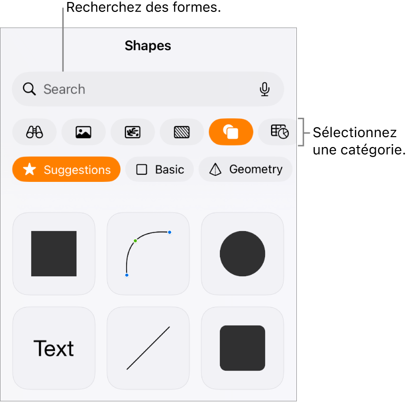 Bibliothèque de formes, les catégories étant affichées en haut et les formes, en bas. Vous pouvez utiliser le champ de recherche situé en haut pour rechercher des formes, et balayer l’écran pour en trouver d’autres.