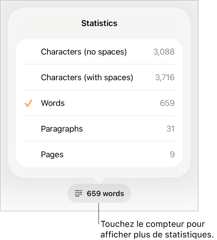 Nombre de mots avec menu présentant des options d’affichage du nombre de caractères avec et sans espaces, du nombre de mots, du nombre de paragraphes et du nombre de pages.