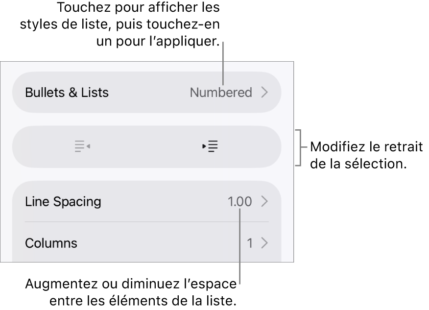 La section Puces et listes des commandes Format avec des légendes indiquant le menu Puces et listes, les boutons de retrait ou de suppression du retrait, et les commandes d’interligne.