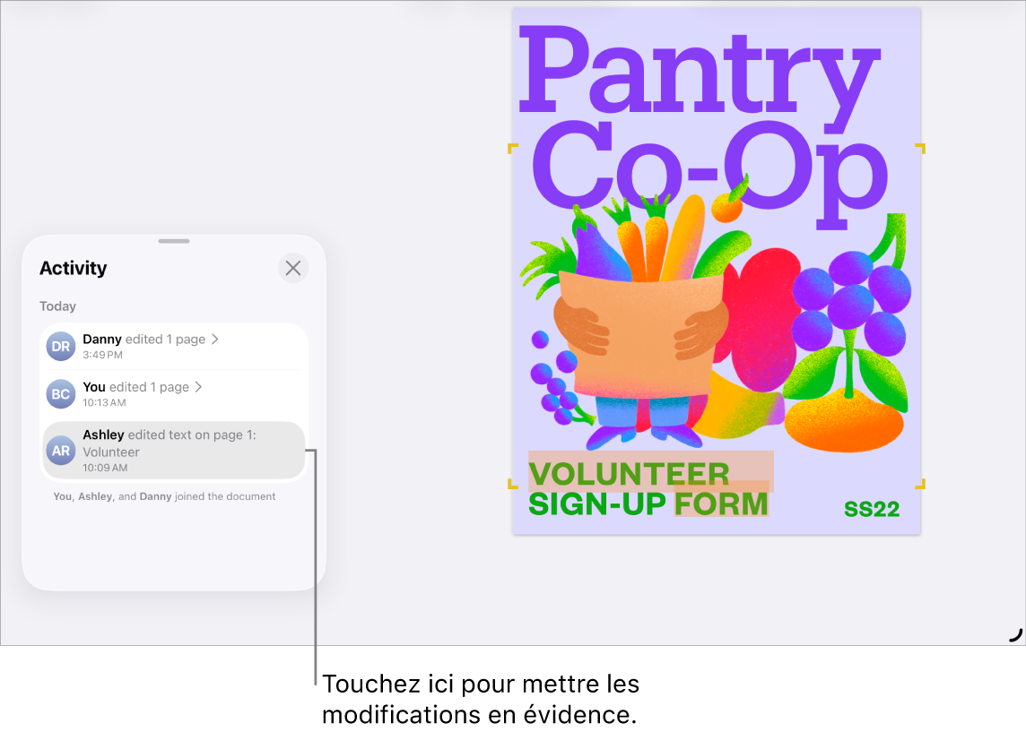 Un document collaboratif avec la liste des activités ouverte.