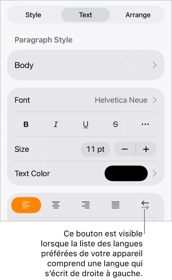 Commandes de texte du menu Format avec le bouton De droite à gauche accompagné d’une légende.