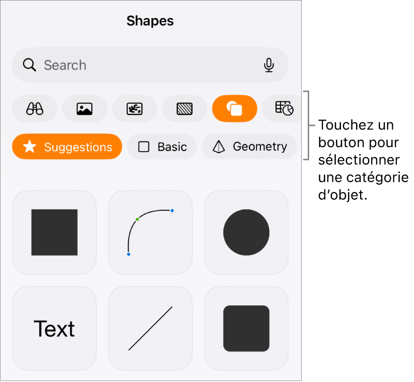 Commandes pour l’ajout d’un objet, avec des boutons en haut permettant de sélectionner des tableaux, des graphiques, des formes (notamment des lignes et zones de texte) et du contenu multimédia.