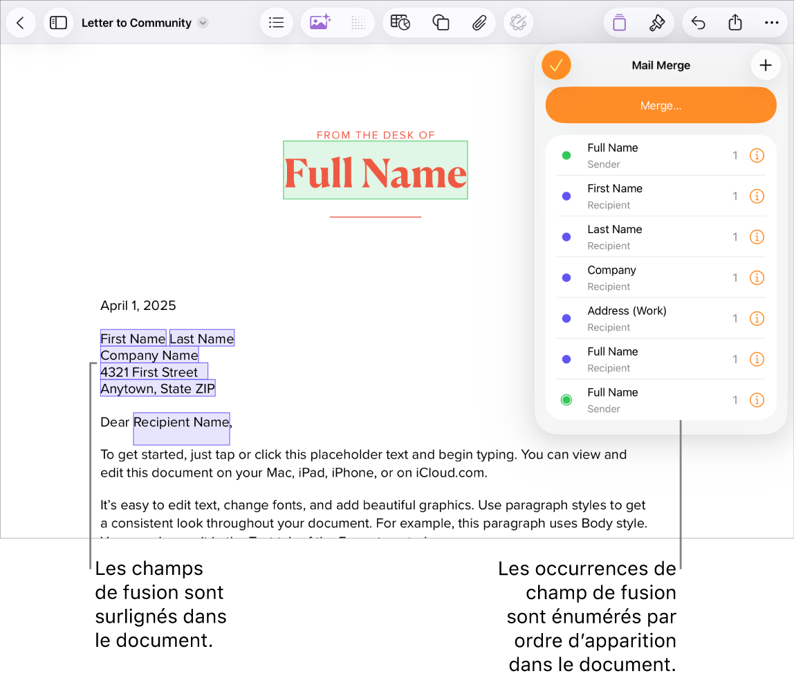 Document Pages avec champs de fusion de l’adresse du destinataire mettant en évidence le texte fictif qui sera remplacé, et les instances de champs de fusion répertoriées dans le menu Fusion.