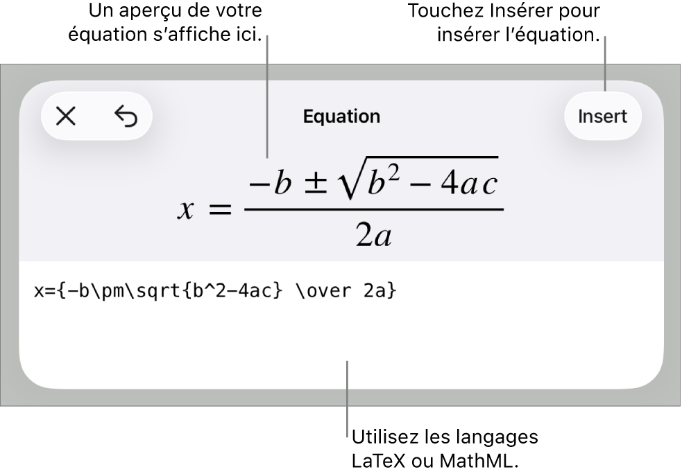 Zone de dialogue Équation, affichant une équation composée à l’aide des commandes MathML et aperçu de la formule au-dessus.