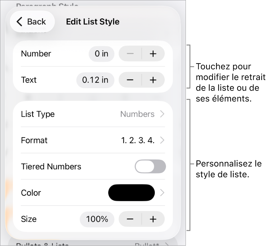 Menu Modifier le style de liste avec les commandes pour le retrait, le type et le format de liste, la numérotation progressive, la couleur et la taille, et la numérotation continue.