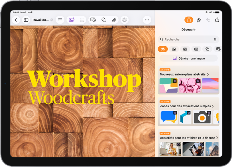 Le bouton Découvrir du centre de contenu affichant des options permettant de générer une image ou d’ajouter des images premium à un document.