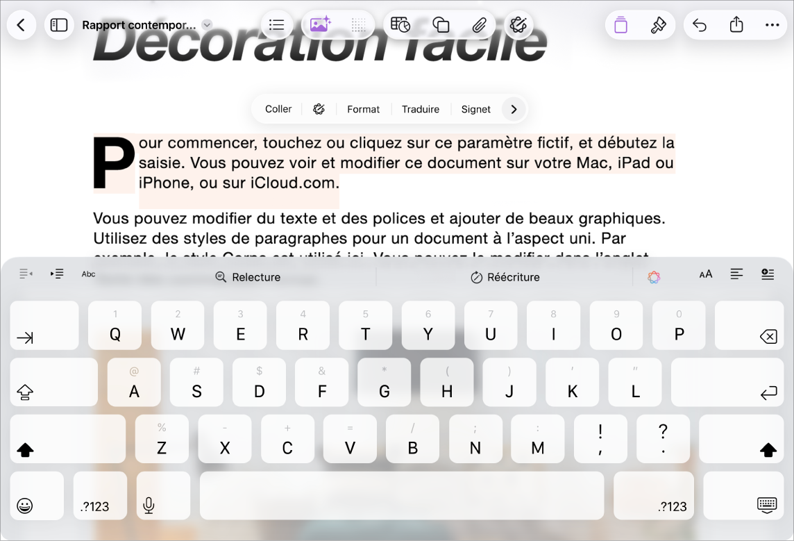 Document Pages ouvert avec du texte de paramètre fictif sélectionné.