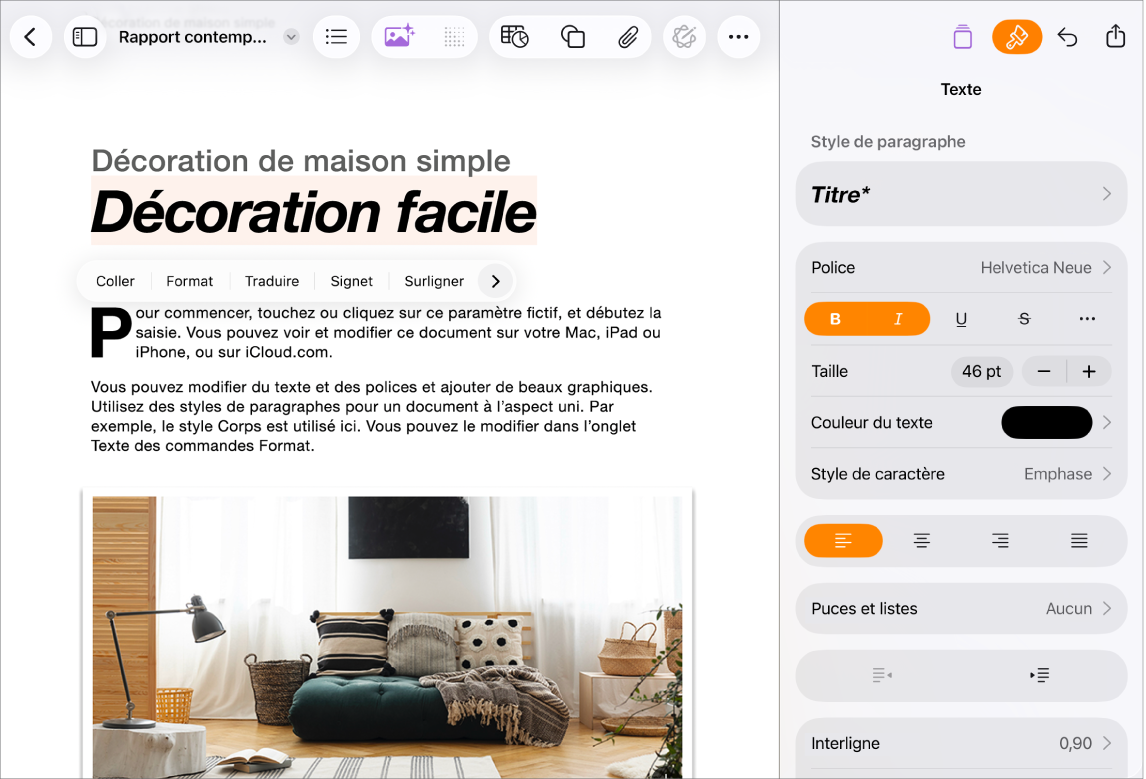 Document Pages ouvert avec du texte sélectionné et des options de mise en forme de texte ouvertes.