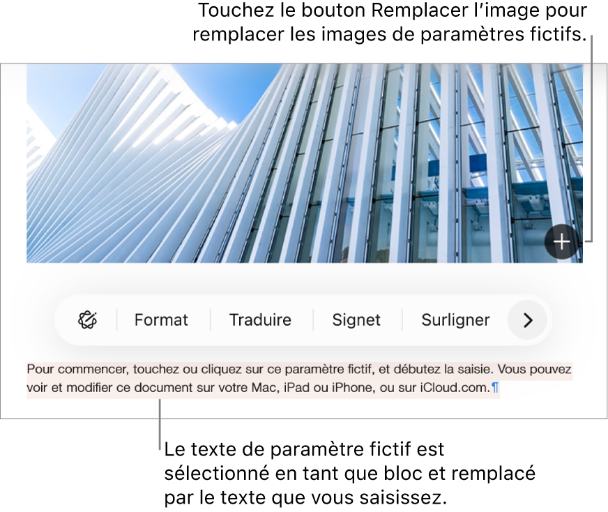 Texte et images de paramètre fictif.