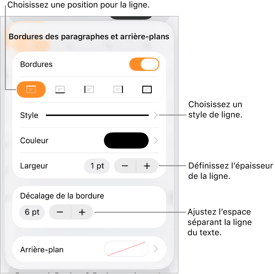 Commandes permettant de modifier le style, l’épaisseur, la position et la couleur de la ligne.