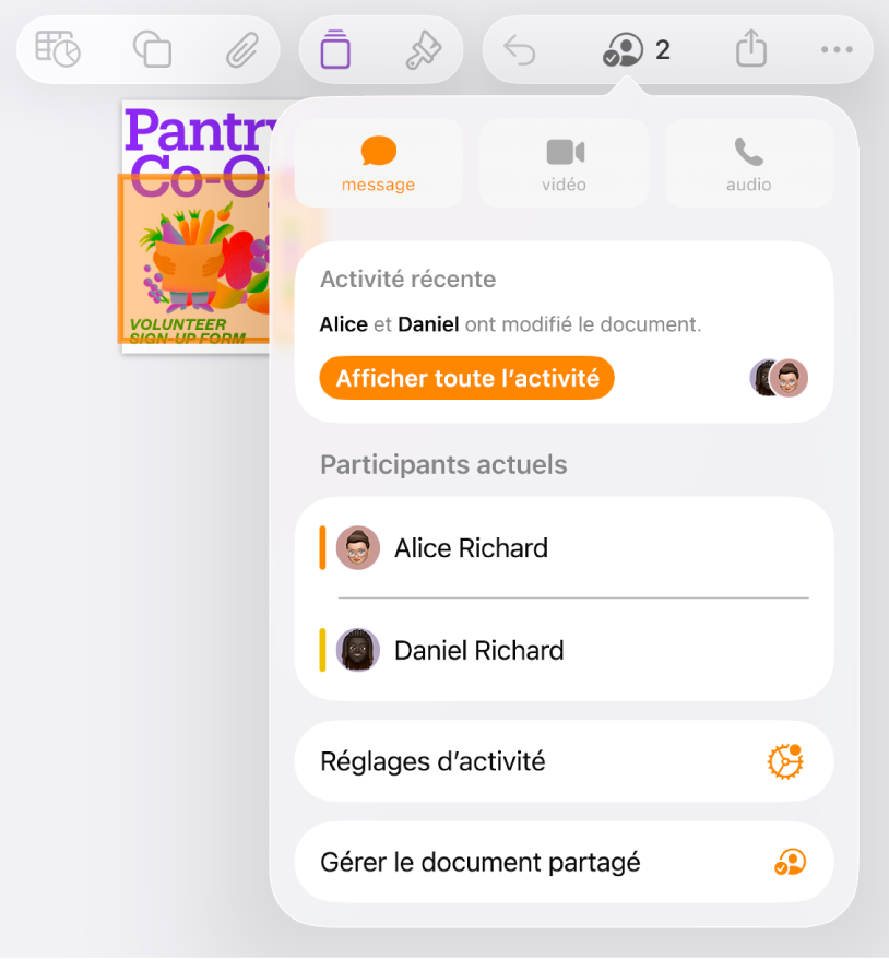 Le menu de collaboration affichant le nom des personnes qui collaborent sur le document.