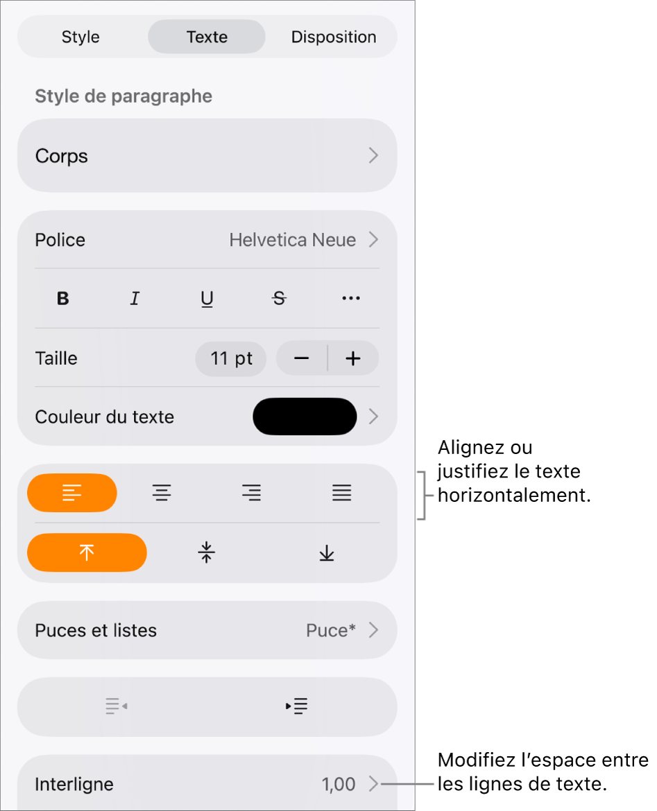 Le bouton des commandes Format avec l’onglet Texte sélectionné et des légendes vers les boutons d’alignement du texte et l’élément de menu Interligne.