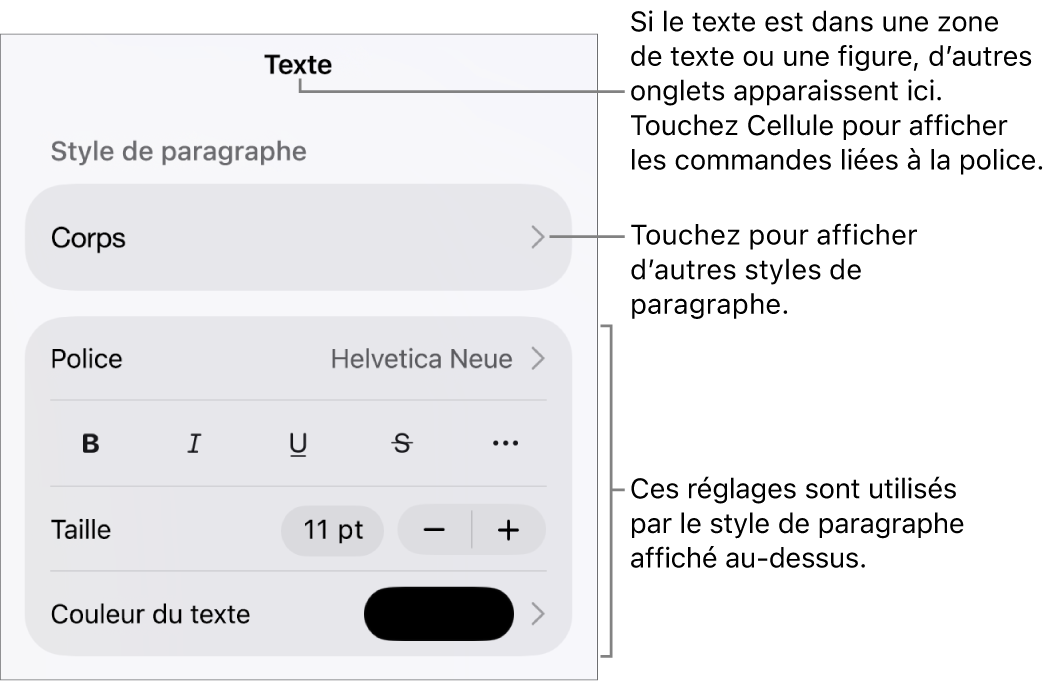 Menu Format montrant les commandes de texte permettant de définir les styles, la police, la taille et la couleur des paragraphes et des caractères.