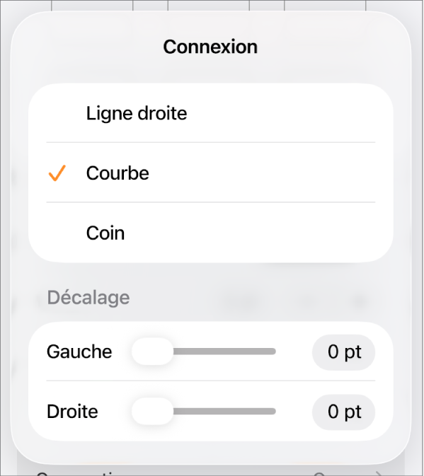 Les commandes Connexion avec l’option Courbe sélectionnée.