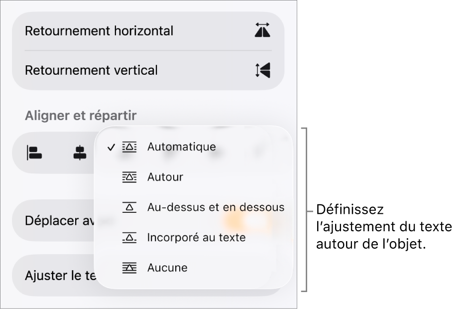 Les commandes Format avec l’onglet Disposition sélectionné. Les commandes « Ajuster le texte » avec les options « Placer derrière/devant », « Déplacer avec texte » et « Ajuster le texte » se trouvent en dessous.