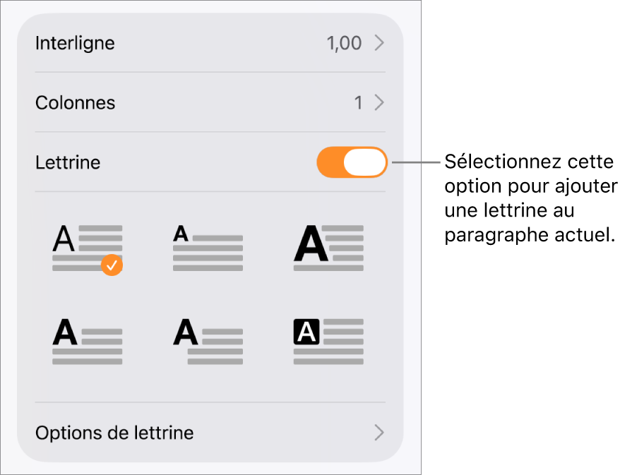 Les commandes Lettrine situées dans le menu Texte.