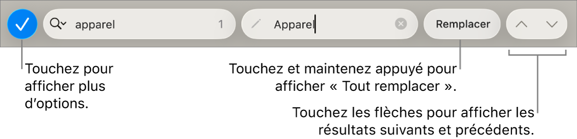 Les commandes de Rechercher et remplacer au-dessus du clavier avec des légendes pour les boutons Options de recherche, Remplacer, Monter et Descendre.