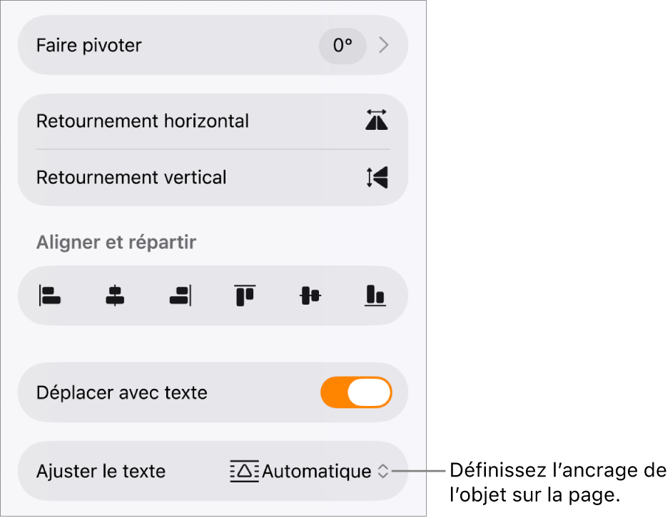 Les commandes Format avec l’onglet Disposition sélectionné et les commandes « Placer derrière/devant », « Déplacer avec texte » et « Ajuster le texte ».
