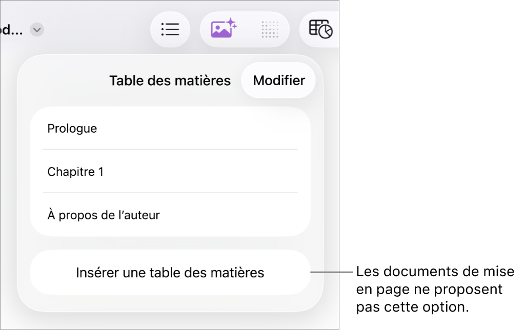 La présentation de la table des matières avec l’option Modifier dans le coin supérieur droit, les entrées de la table des matières et le bouton « Insérer une table des matières » en bas.