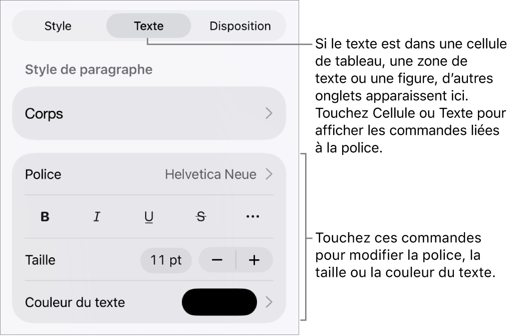Commandes de texte du menu Format permettant de définir les styles, la police, la taille et la couleur des paragraphes et des caractères.