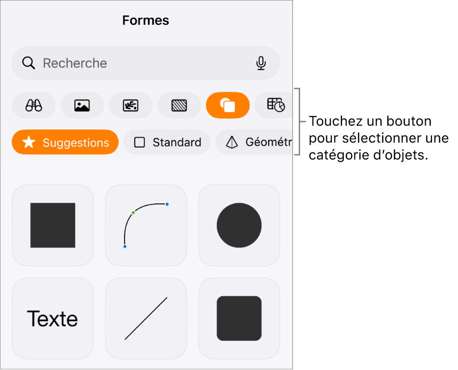 Commandes pour l’ajout d’un objet, avec des boutons en haut permettant de sélectionner des tableaux, des graphiques, des figures (notamment des lignes et zones de texte) et du contenu multimédia.