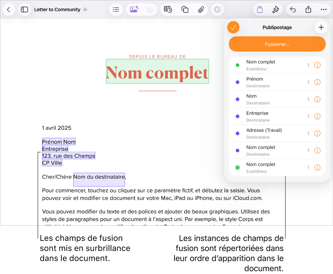 Document Pages avec des champs de fusion d’adresse de destinataire et le texte de paramètre fictif qui sera remplacé mis en surbrillance, ainsi que la liste des instances de champs de fusion dans le menu Publipostage.