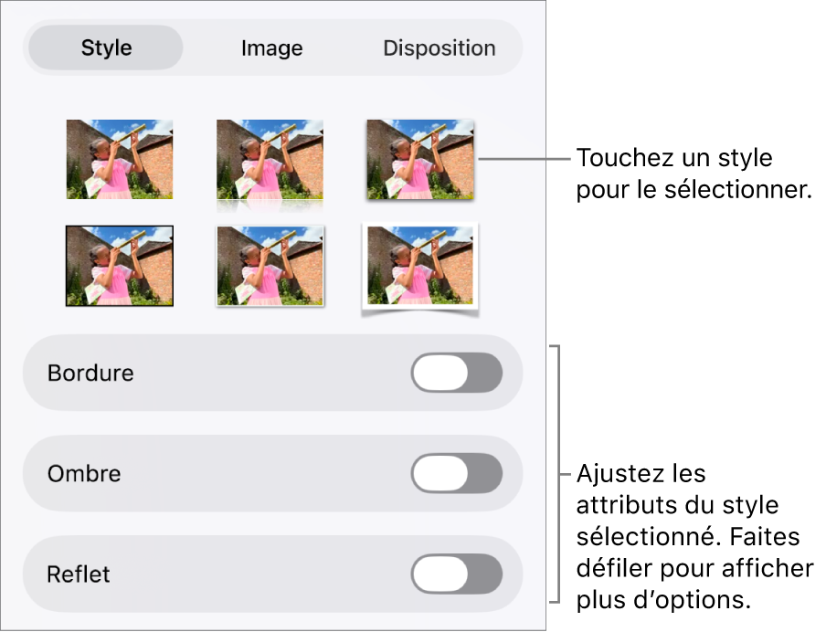 L’onglet Style du menu Format avec les styles d’objet en haut et des commandes au-dessous pour modifier la bordure, l’ombre, le reflet et l’opacité.