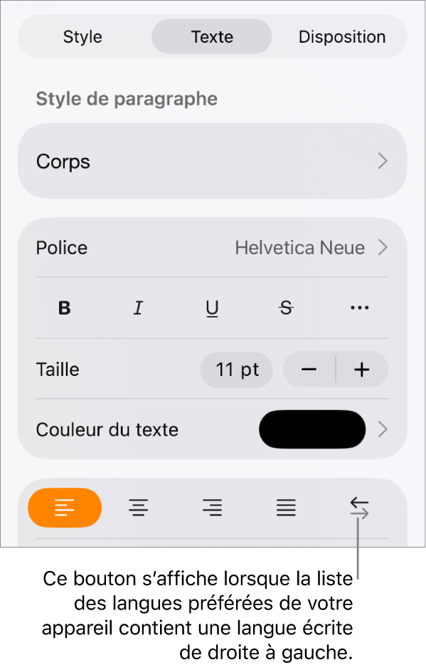 Les commandes de texte dans le menu Format avec une légende pointant vers le bouton « Droite à gauche ».